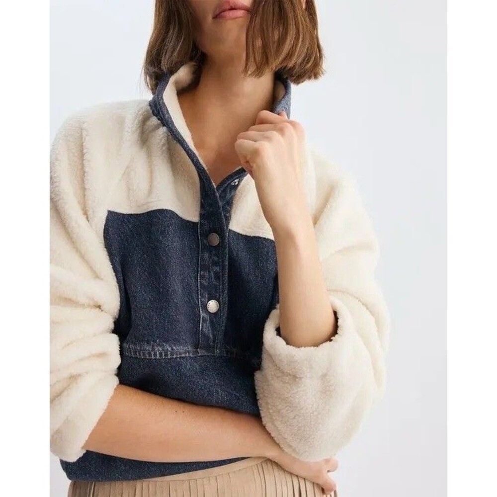 Rag & Bone Miramar Sherpa Pull Over Women XL Blue White Snap Front FLAW